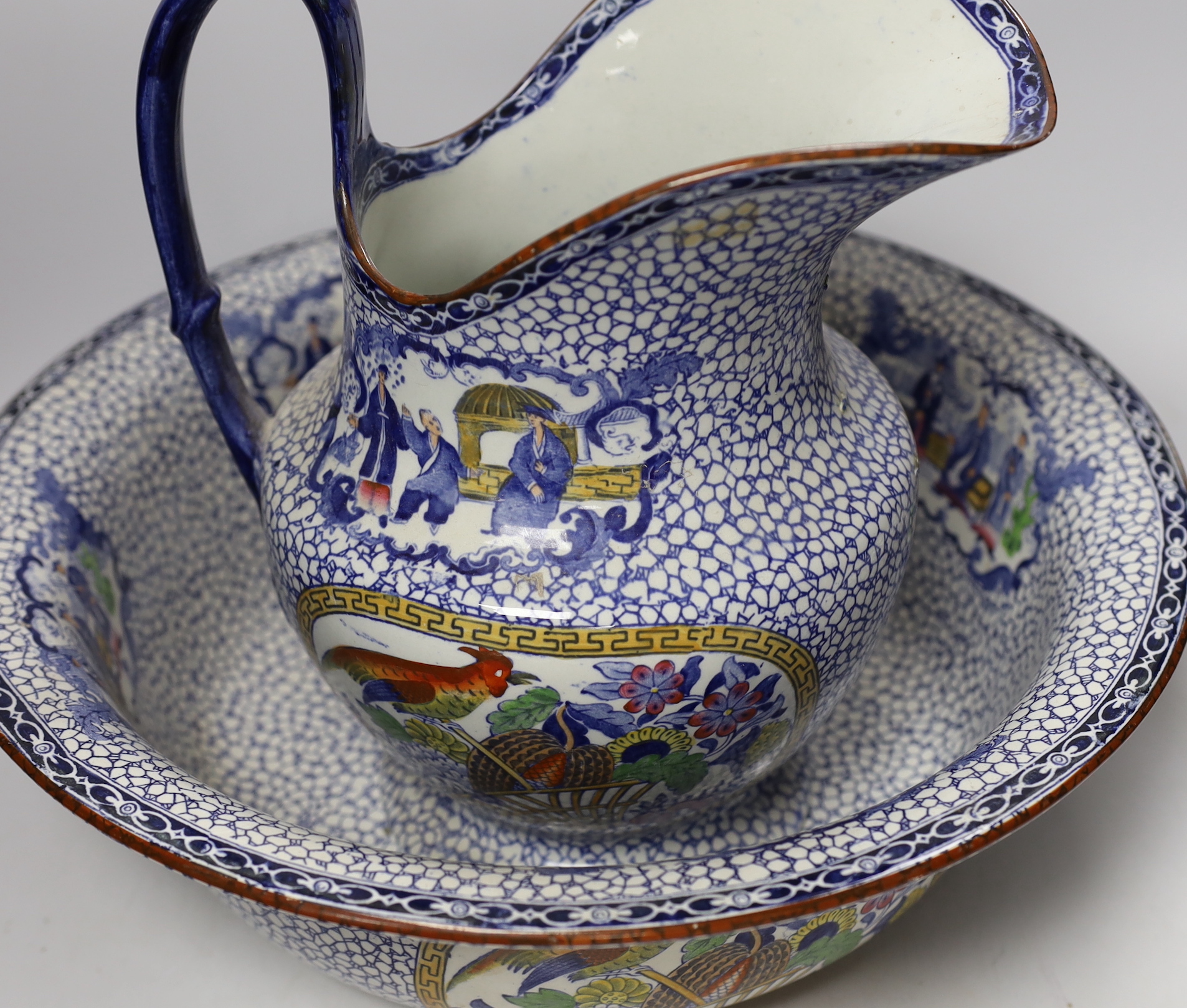 A Victorian blue and white chamber pot, a vase, a bowl, a pot and a jug and basin, jug 27cm (5)